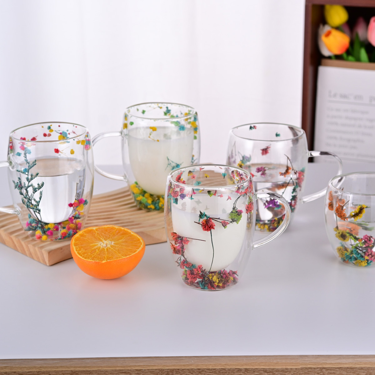 250ml 350ml Handmade high borosilicate dry flower Double Wall Glass Mug with handle