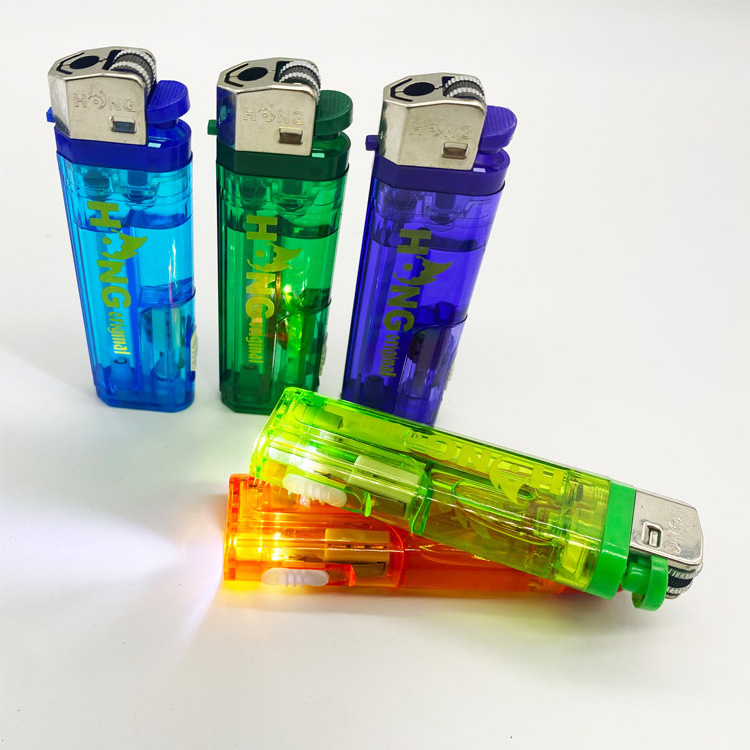 Wholesale Plastic Transparent LED lighter Cigarette Flint Lighter Disposable With Logo