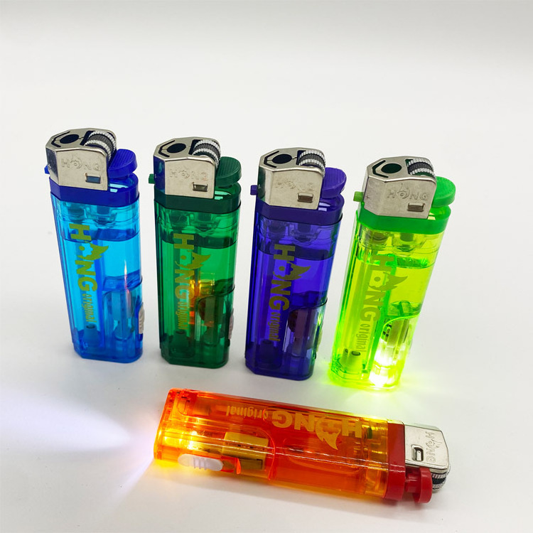 Wholesale Plastic Transparent LED lighter Cigarette Flint Lighter Disposable With Logo