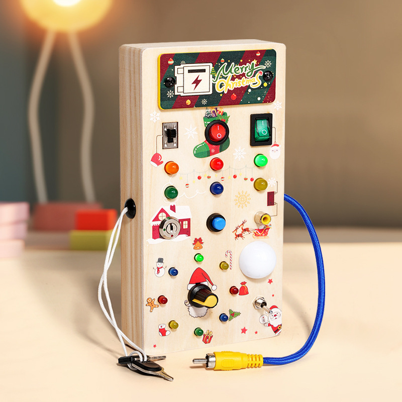 Christmas Gift DIY Montessori Wooden Learning Sensory Switch Lock Plug Led Light Safe Power Busy Board