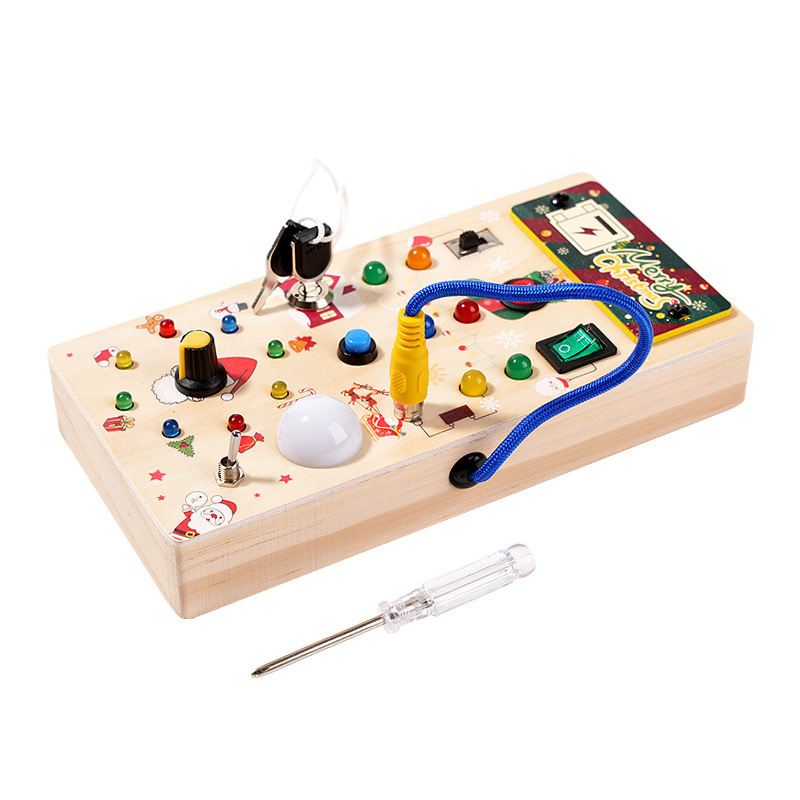 Christmas Gift DIY Montessori Wooden Learning Sensory Switch Lock Plug Led Light Safe Power Busy Board