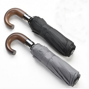 high quality automatic folding umbrella windproof  gentlemen umbrella with wooden crook handle