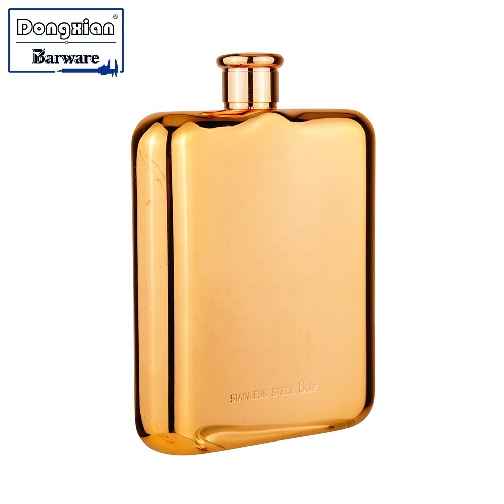 Square Mirror Finishing Hip Flask, Gold Plated, Popular Stainless Steel Hip Flask with Refinement Lid.