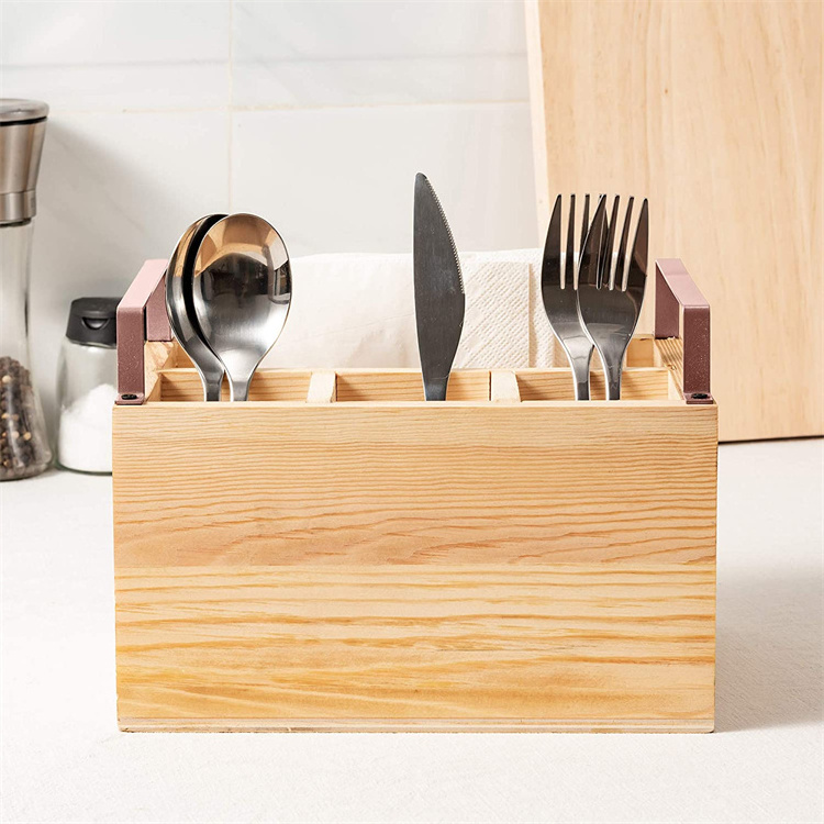 Rustic Cutlery Utensil Holder, Flatware Organizer Napkin Caddy With 4 Compartments with Metal Handles, Torched Wood