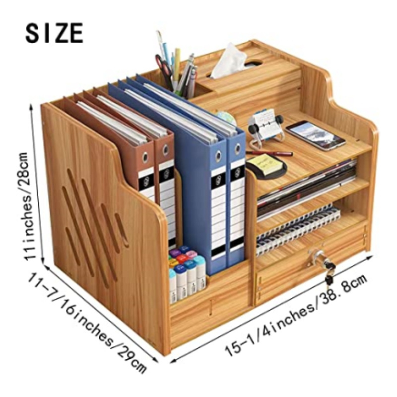 Large Capacity Book Shelf Bamboo Wood Office Desk Organizer with Drawer