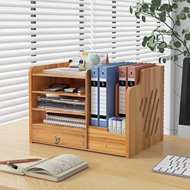 Large Capacity Book Shelf Bamboo Wood Office Desk Organizer with Drawer