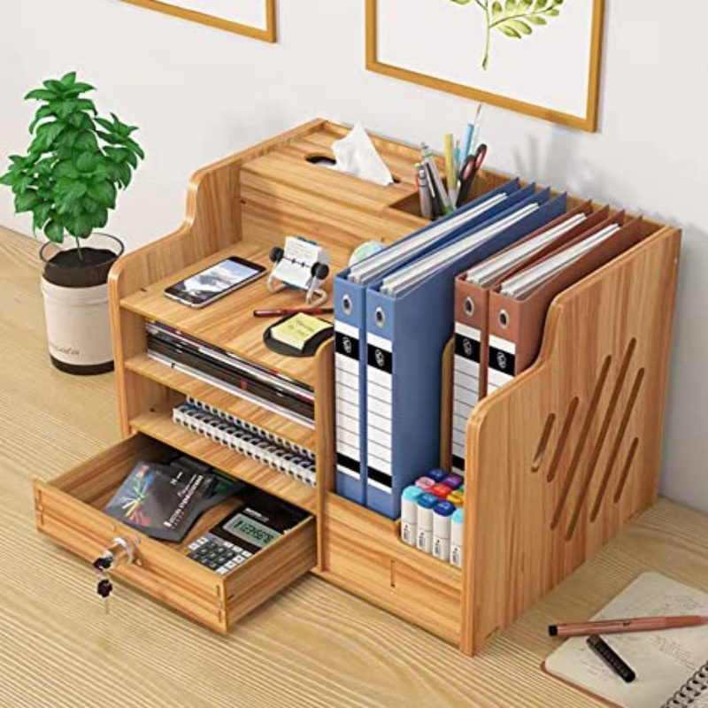 Large Capacity Book Shelf Bamboo Wood Office Desk Organizer with Drawer