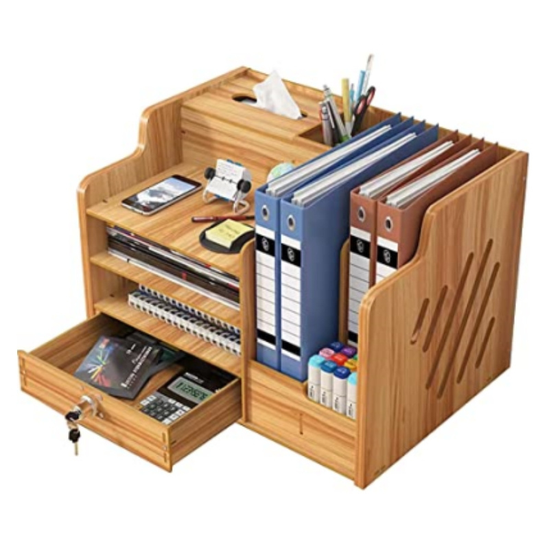 Large Capacity Book Shelf Bamboo Wood Office Desk Organizer with Drawer