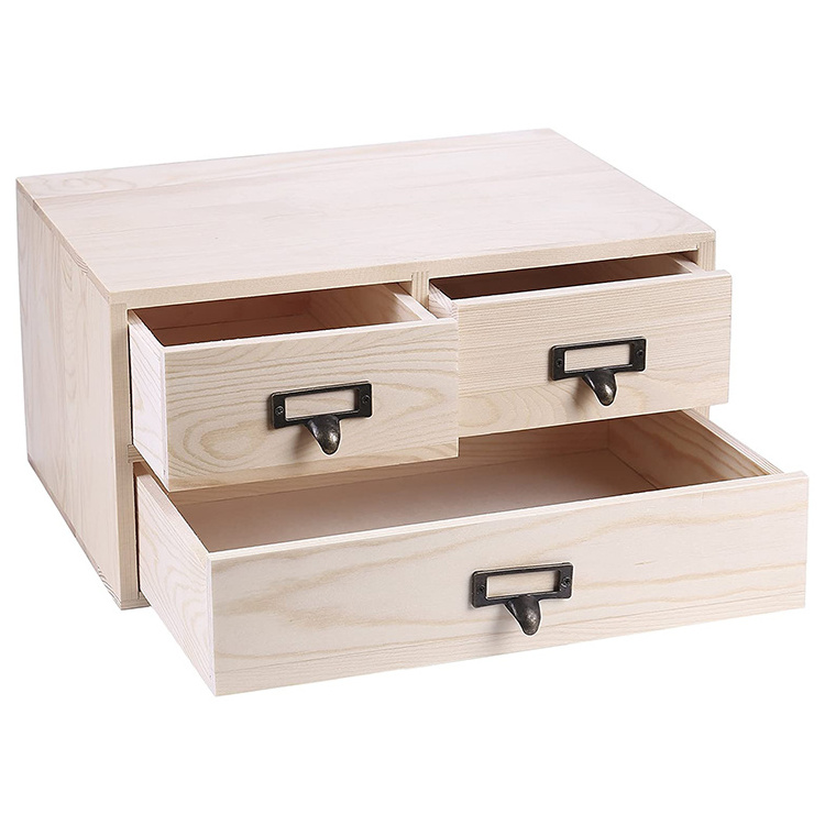 Wood Office Desktop Organizer Box with Multiple Compartment Drawers Craft Supplies Storage Cabinet with 3 Drawer