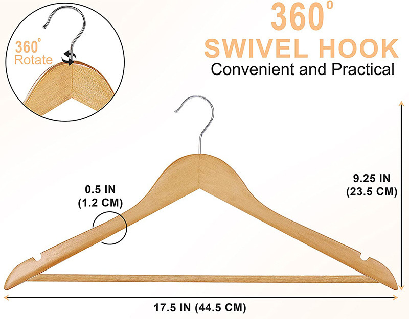 Wholesale wooden clothes hangers and wood hanger for clothing with 360-Degree Rotatable Hook