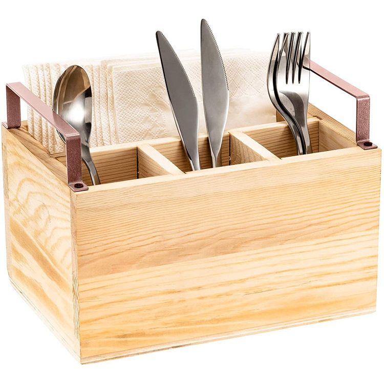 Rustic Cutlery Utensil Holder, Flatware Organizer Napkin Caddy With 4 Compartments with Metal Handles, Torched Wood