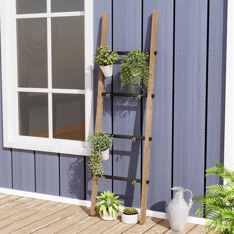 Decorative Ladder Farmhouse Wall Leaning Blanket Ladder with Iron Rungs, 5.4 Ft Rustic Wooden Ladder Shelf with Hooks for Living