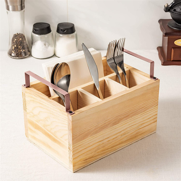 Rustic Cutlery Utensil Holder, Flatware Organizer Napkin Caddy With 4 Compartments with Metal Handles, Torched Wood