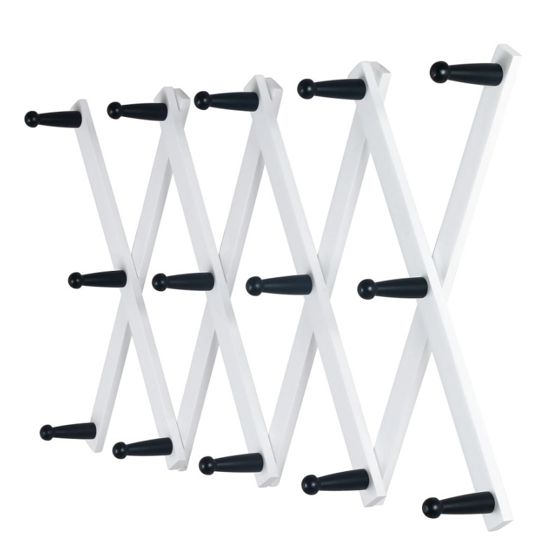 White&Black 14 Pegs Accordion Wall Mounted Expandable Hanger Hook Wooden Wall Coat Rack