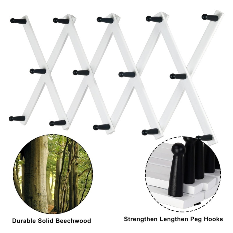 White&Black 14 Pegs Accordion Wall Mounted Expandable Hanger Hook Wooden Wall Coat Rack