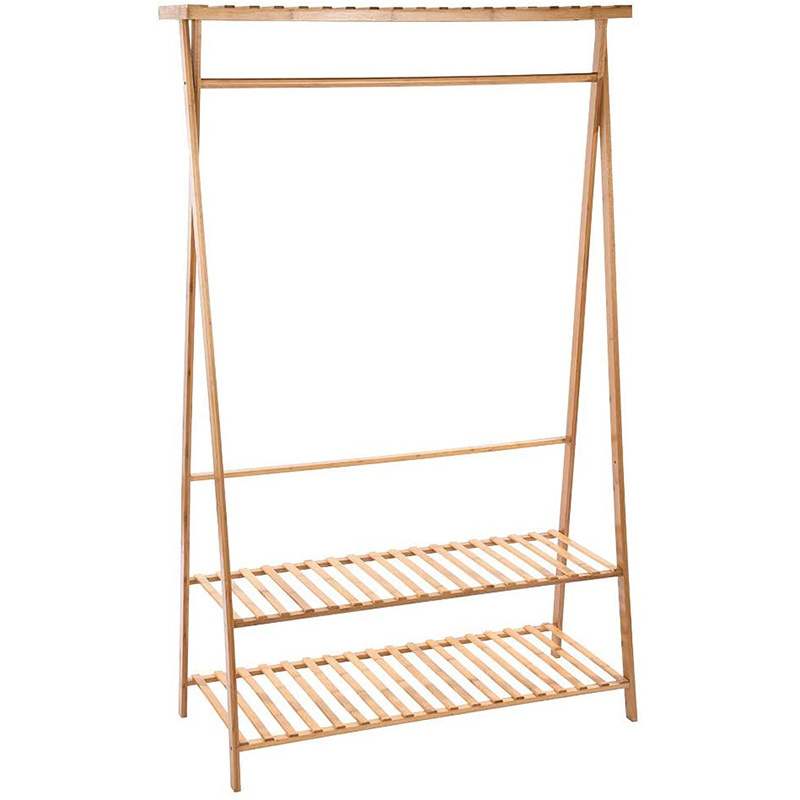 Bamboo Clothes Rack - Garment Rack with 2-Tier Storage Shelves, Garment Coat Clothes Hanging Heavy Duty Rack with top Shelf