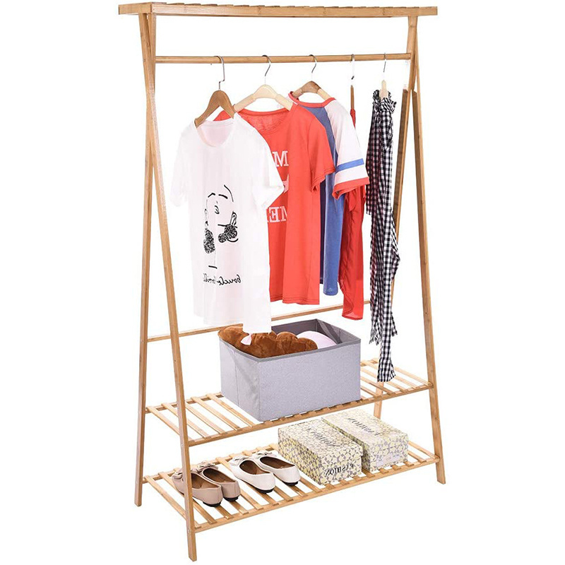 Bamboo Clothes Rack - Garment Rack with 2-Tier Storage Shelves, Garment Coat Clothes Hanging Heavy Duty Rack with top Shelf