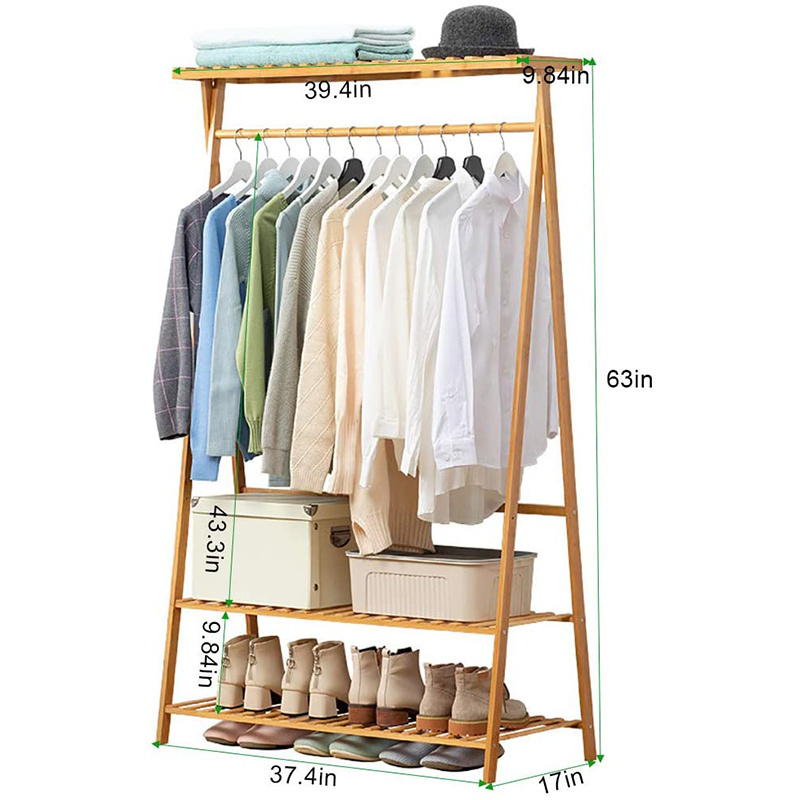 Bamboo Clothes Rack - Garment Rack with 2-Tier Storage Shelves, Garment Coat Clothes Hanging Heavy Duty Rack with top Shelf