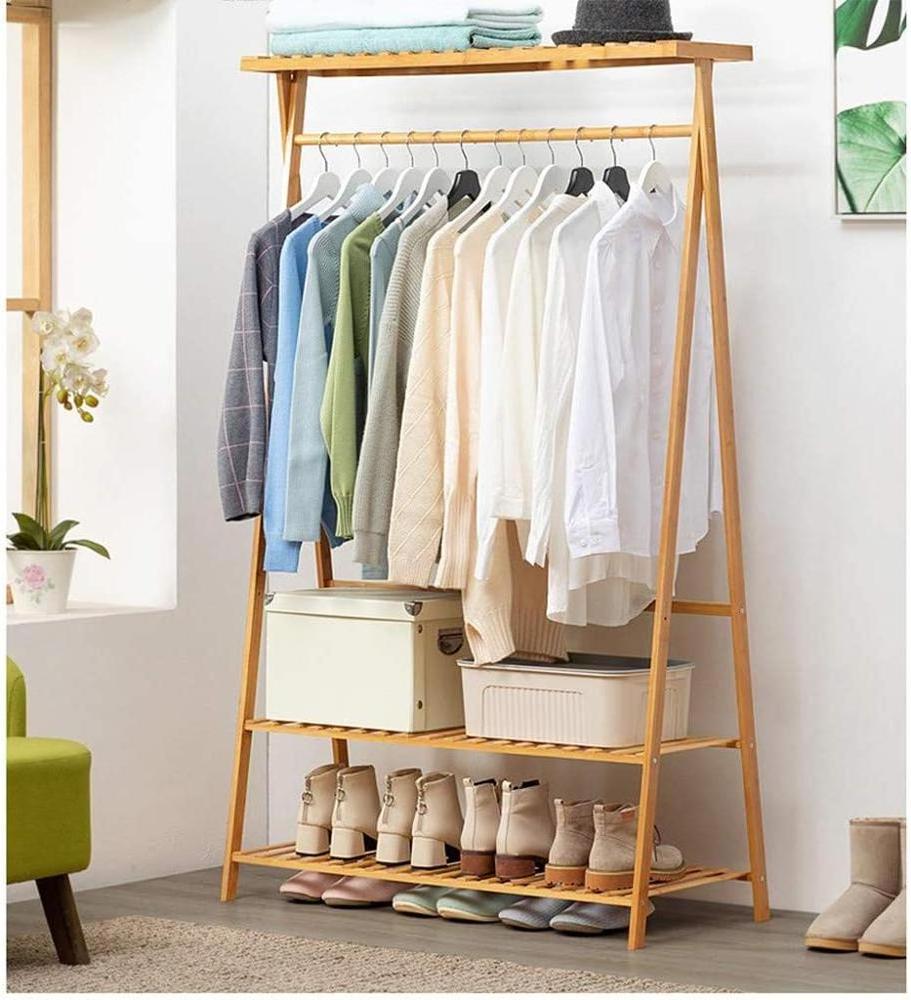 Bamboo Clothes Rack - Garment Rack with 2-Tier Storage Shelves, Garment Coat Clothes Hanging Heavy Duty Rack with top Shelf