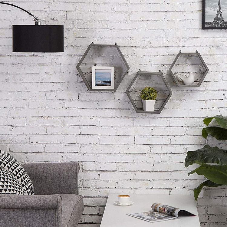 Hexagon Wall Decor Floating Shelves - 3-Pack Decorative Wall Shelf Pine Wood Geometric Shelves