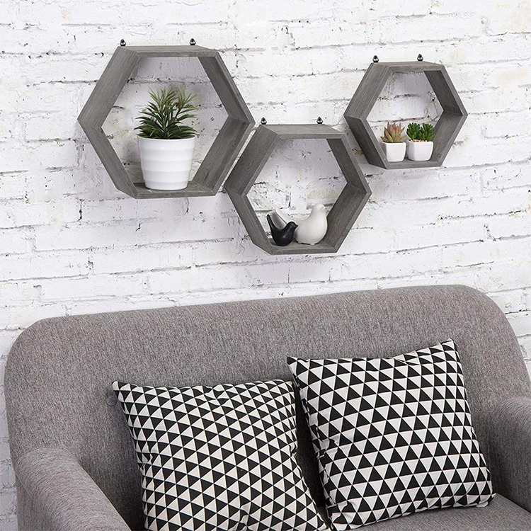 Hexagon Wall Decor Floating Shelves - 3-Pack Decorative Wall Shelf Pine Wood Geometric Shelves