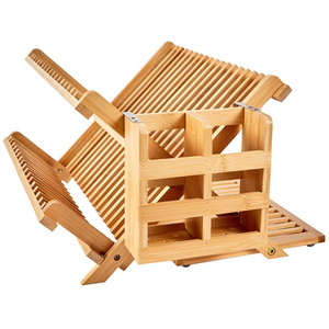 Bamboo Dish Drying Rack with Utensil Holder, Collapsible Wooden Dish Drainer Rack, 3-Tier Large Folding Drying Holder