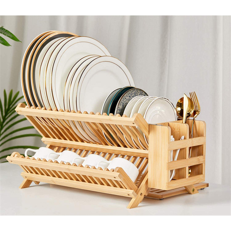 Bamboo Dish Drying Rack with Utensil Holder, Collapsible Wooden Dish Drainer Rack, 3-Tier Large Folding Drying Holder