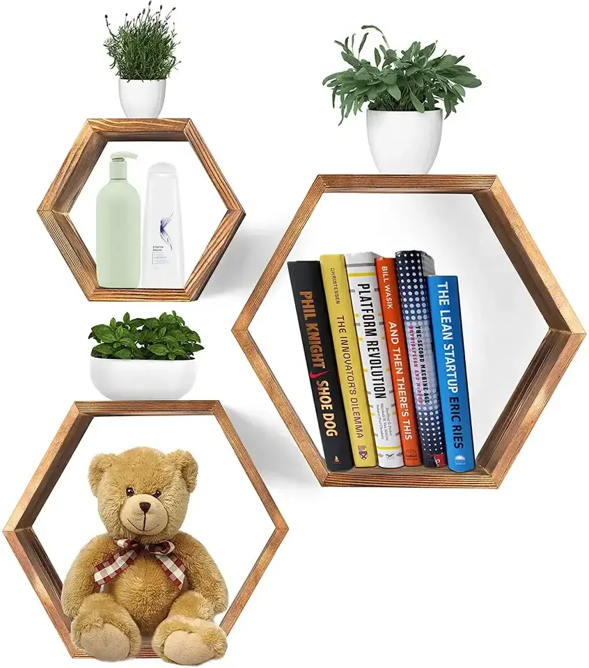 Hexagon Wall Decor Floating Shelves - 3-Pack Decorative Wall Shelf Pine Wood Geometric Shelves