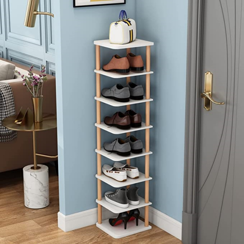 Stylish 8-Tier Vertical Free Standing Wooden Narrow Shoe Rack Shelf Suitable for Dorm Space Saving