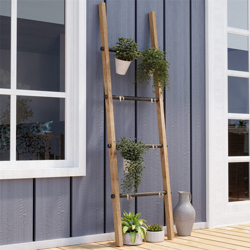 Decorative Ladder Farmhouse Wall Leaning Blanket Ladder with Iron Rungs, 5.4 Ft Rustic Wooden Ladder Shelf with Hooks for Living