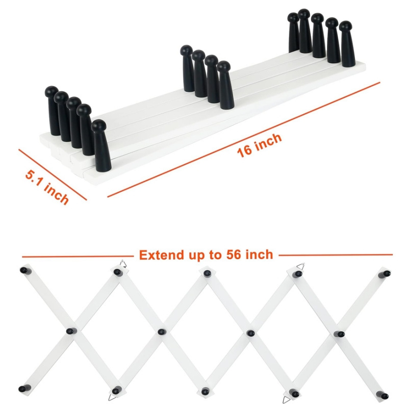 White&Black 14 Pegs Accordion Wall Mounted Expandable Hanger Hook Wooden Wall Coat Rack