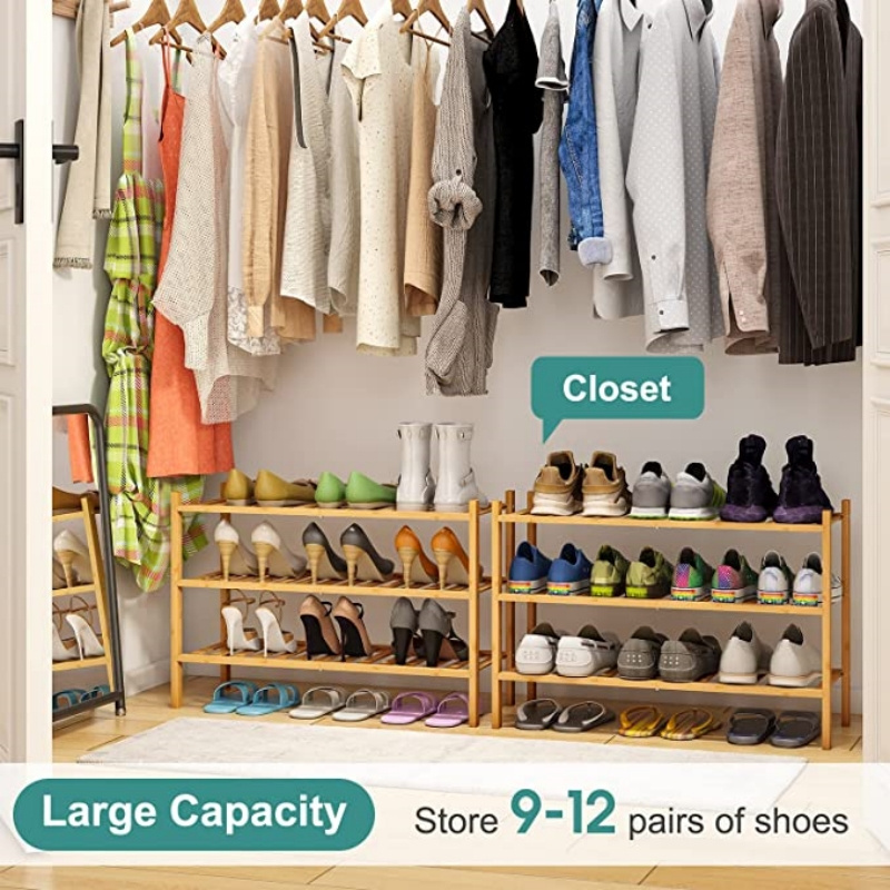 Sturdy 3-Tier Stackable Bamboo Wood Shoe Rack Cabinet for Entryway Hallway Closet