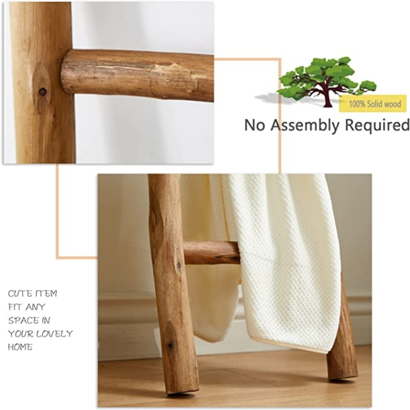 Rustic Brown 5 Ft Decorative Wall Leaning Storage Towel Display Rack Wooden Blanket Ladder for Bathroom,Living Room