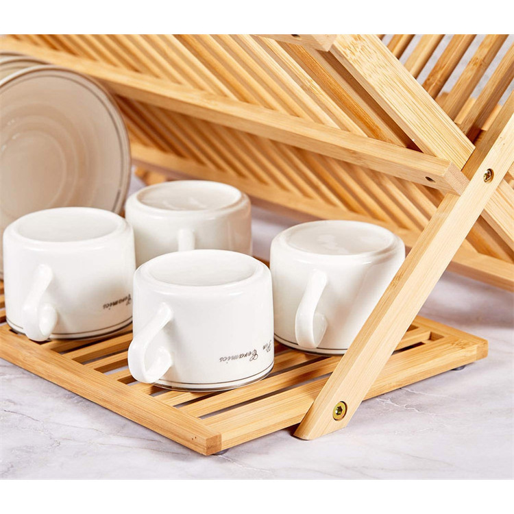 Bamboo Dish Drying Rack with Utensil Holder, Collapsible Wooden Dish Drainer Rack, 3-Tier Large Folding Drying Holder