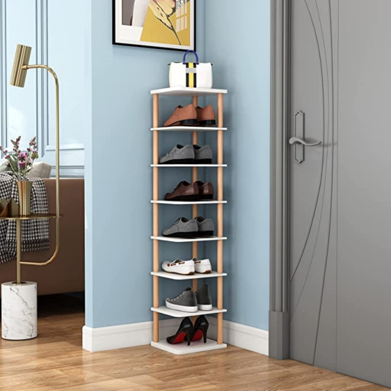 Stylish 8-Tier Vertical Free Standing Wooden Narrow Shoe Rack Shelf Suitable for Dorm Space Saving