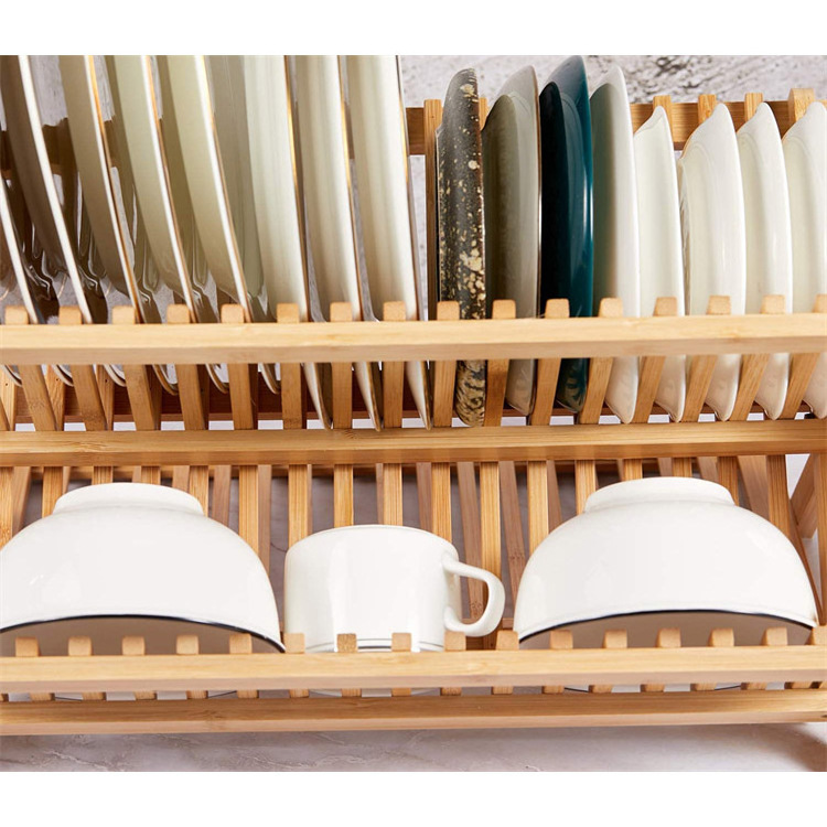 Bamboo Dish Drying Rack with Utensil Holder, Collapsible Wooden Dish Drainer Rack, 3-Tier Large Folding Drying Holder