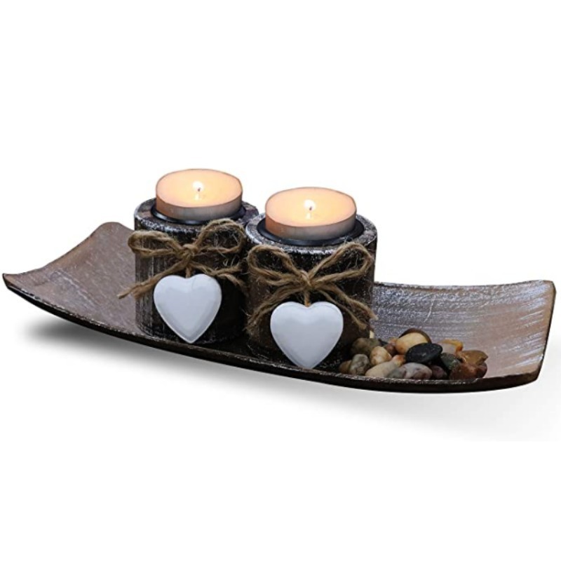 Valentines Christmas Decor Rustic Wooden Tea light Candle Holder with Tray for Coffee Dining Table Center