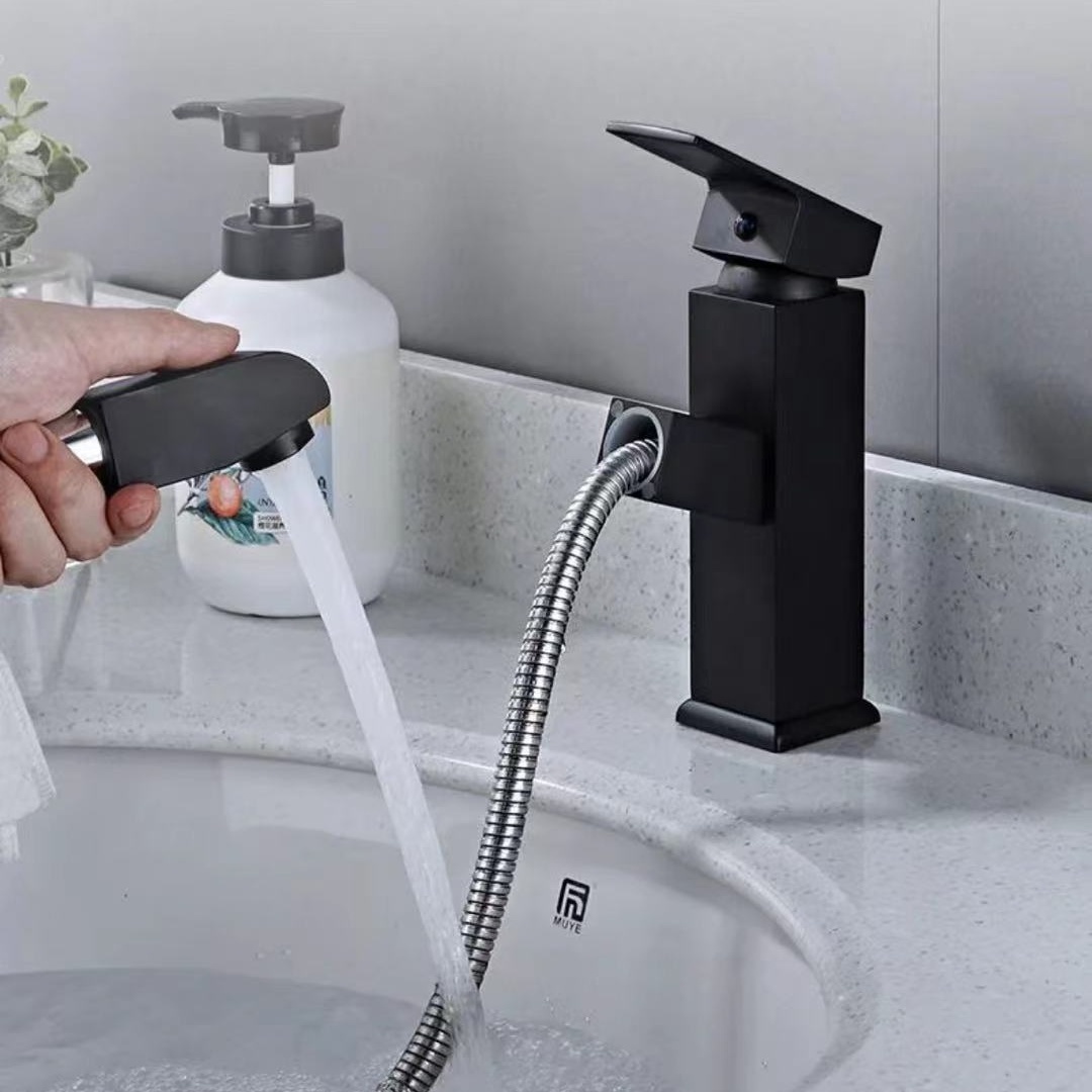 Wholesale black silver bathroom faucet washbasin hot and cold water faucet with nozzle pull-out basin faucet