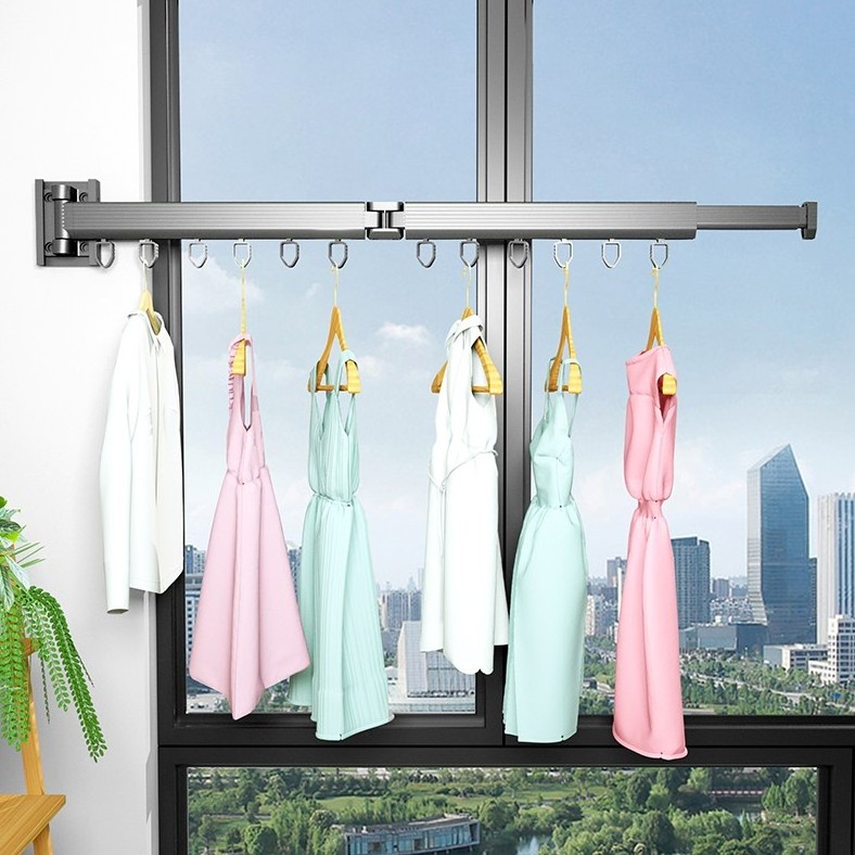 2022 space aluminum laundry drying rack with hook wall hanging rotating telescopic folding drying rack