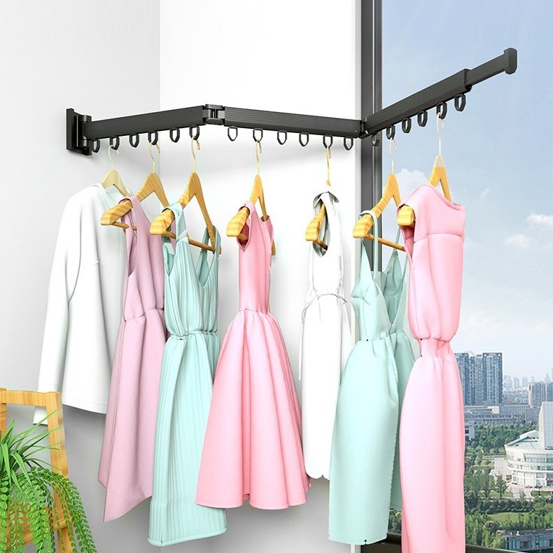 2022 space aluminum laundry drying rack with hook wall hanging rotating telescopic folding drying rack