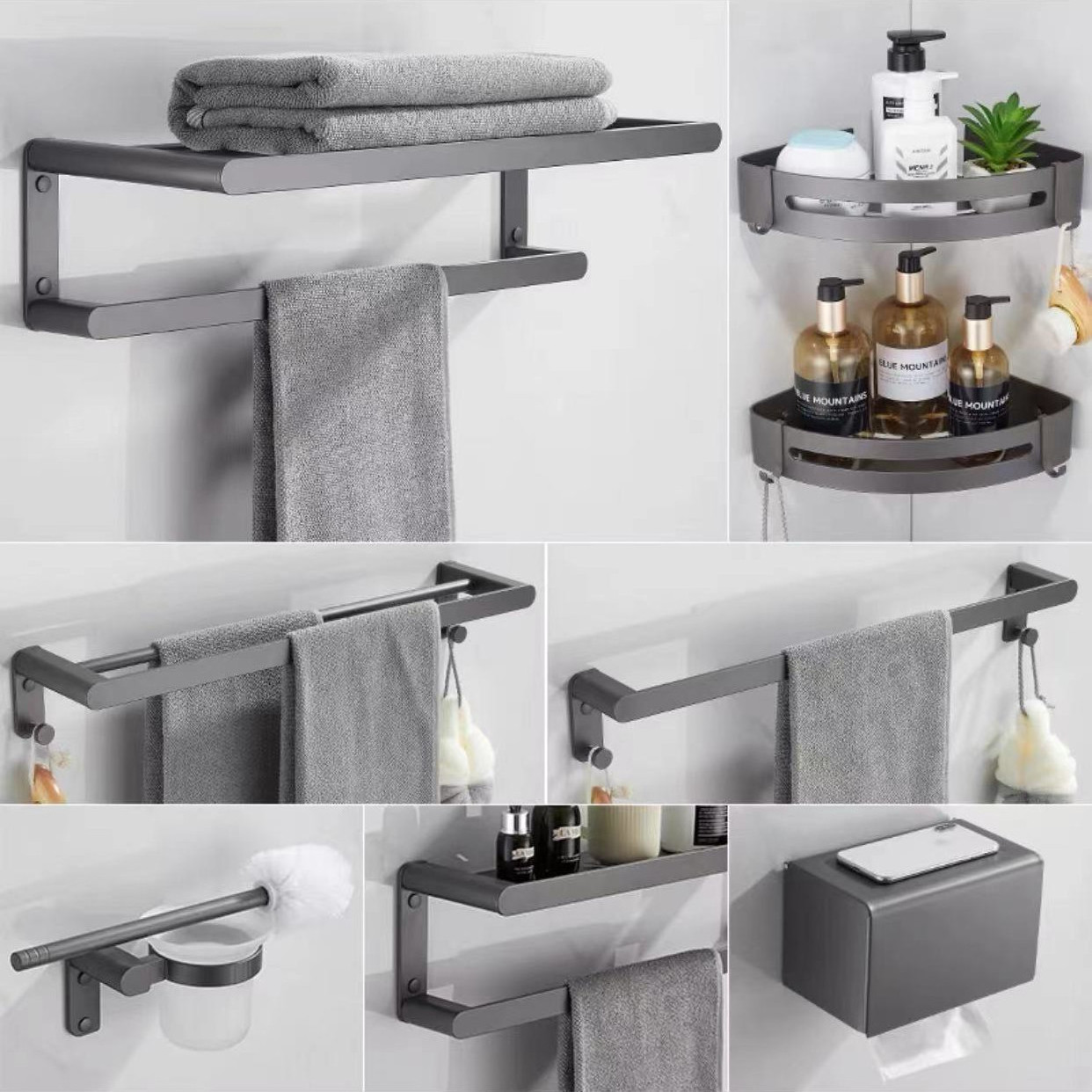 Wholesale hotel bathroom accessories gray double pole paper towel holder toilet brush corner basket clothes hook towel rack