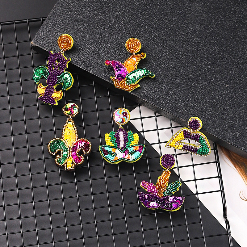 New Arrival Carnival Celebration Party Clover Clown Colorful Mardi Gras Beads Accessories Sequin Mardi Gras Earrings for Women