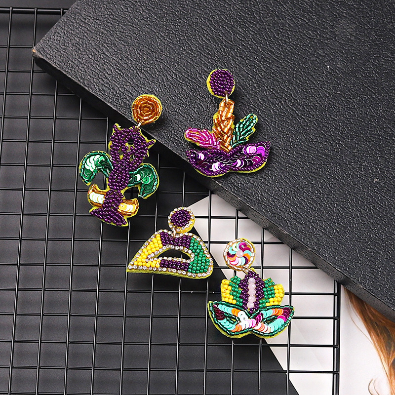 New Arrival Carnival Celebration Party Clover Clown Colorful Mardi Gras Beads Accessories Sequin Mardi Gras Earrings for Women