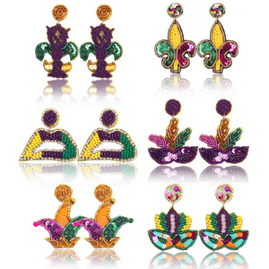 New Arrival Carnival Celebration Party Clover Clown Colorful Mardi Gras Beads Accessories Sequin Mardi Gras Earrings for Women