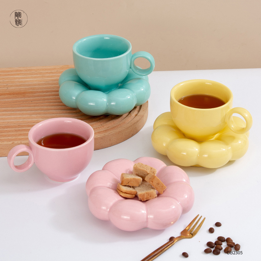 Nordic ins custom Macaron breakfast porcelain coffee mug Sunflower coffee ceramic cup and saucer