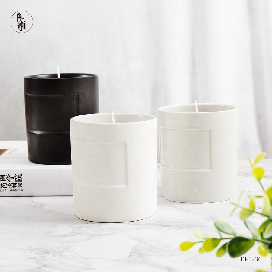 Custom logo candle holder wedding ceramic matte white black candle jar for home decor