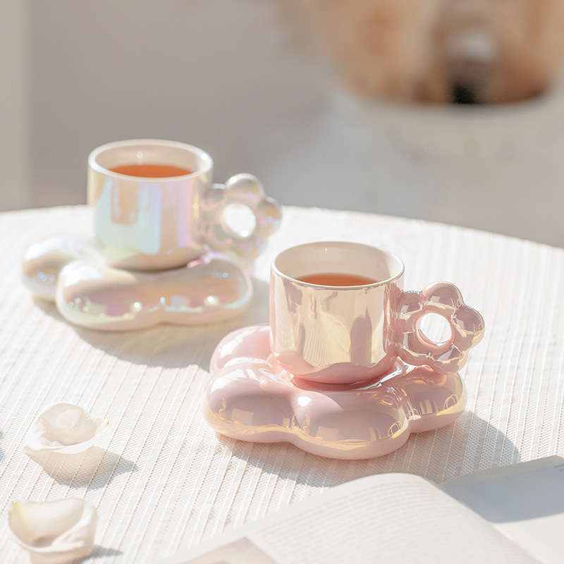 inductive rainbow color pearlescent mug gift cloud ceramic tea cup flowers coffee cups and saucer set