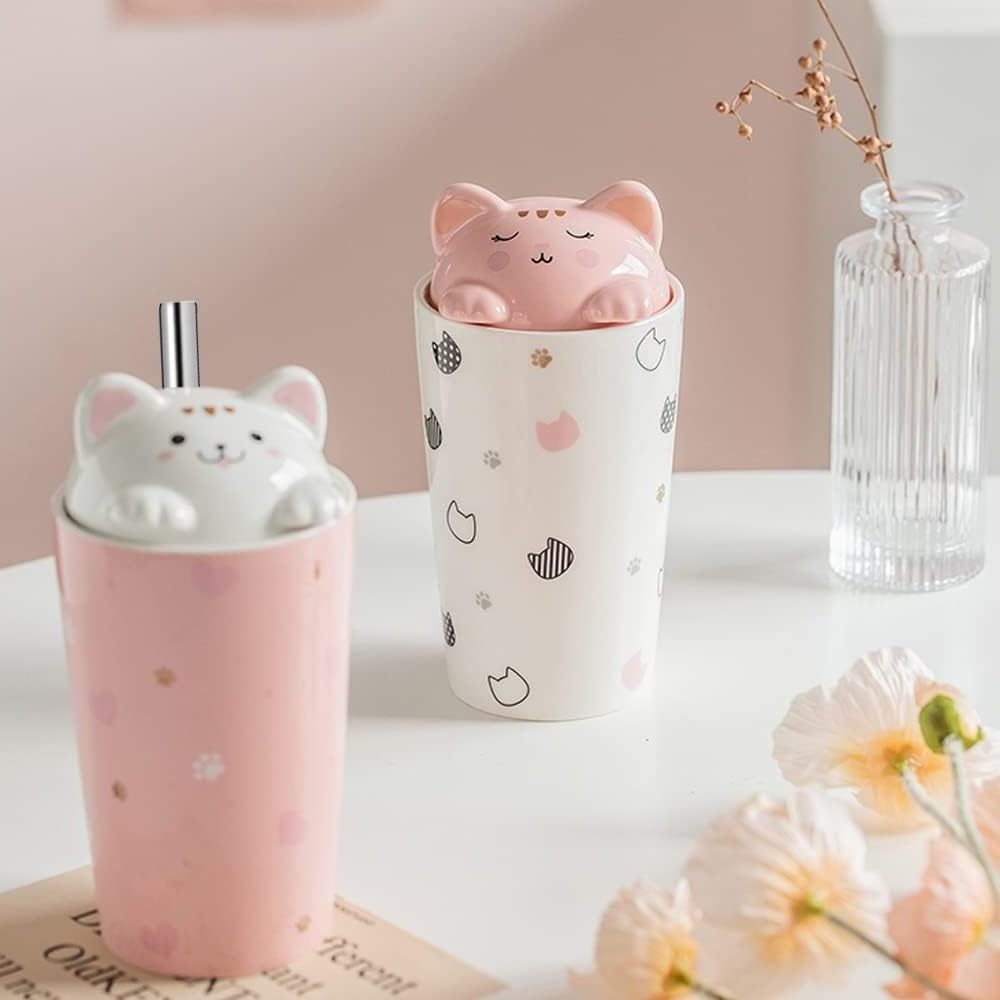 480ML Pink Cat Coffee Mug with Straw Ceramic Travel Cup with 3D kitty Lid Milk Bubble Tea Coffee Office Christmas Mug