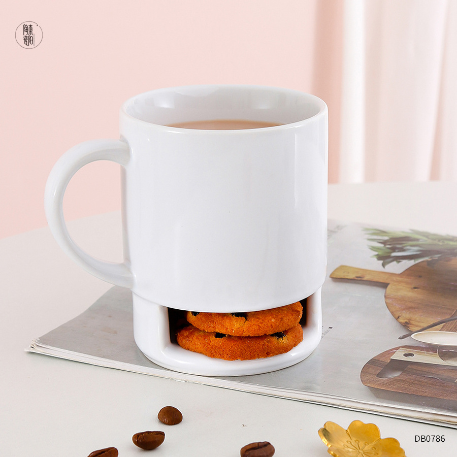 Wholesale ceramic cookie holder mug plain white breakfast milk coffee cookie cup biscuit coffee mugs