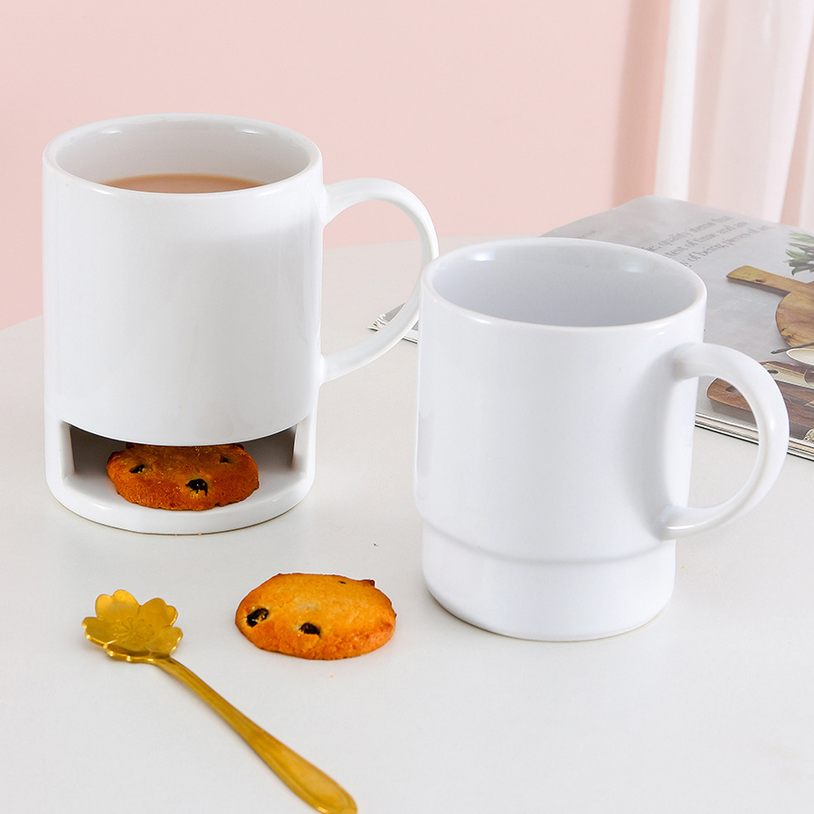 Wholesale ceramic cookie holder mug plain white breakfast milk coffee cookie cup biscuit coffee mugs